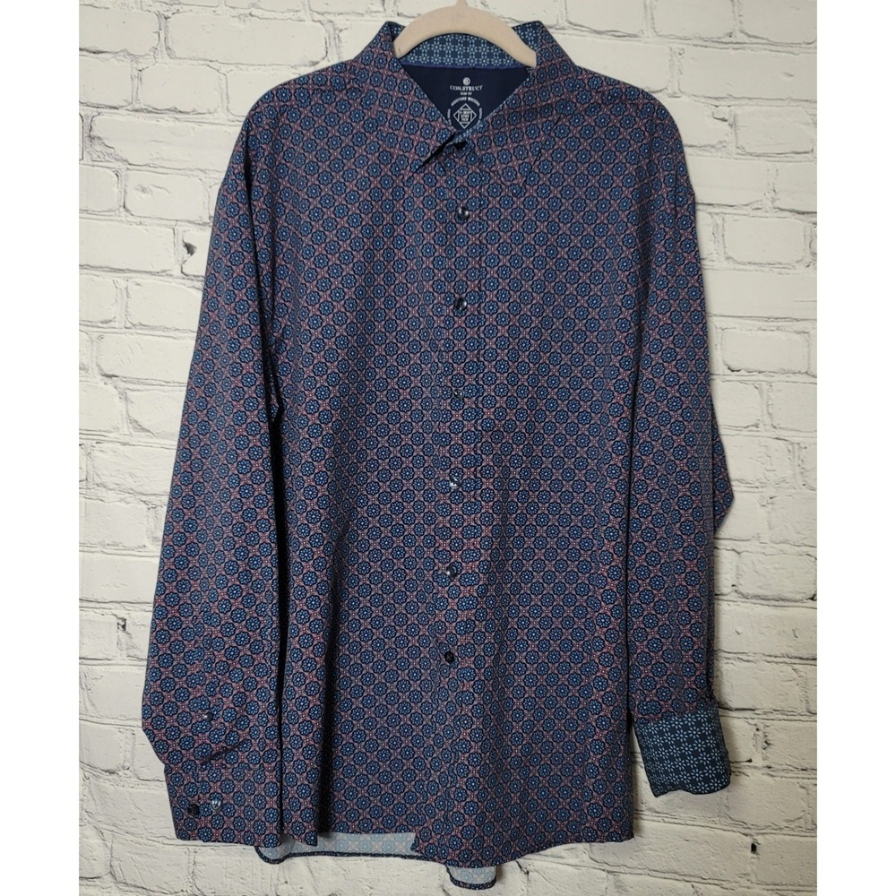 CON.STRUCT Mens XXL Slim Fit Shirt Geometric Medallion 4Way Stretch No Iron Blue